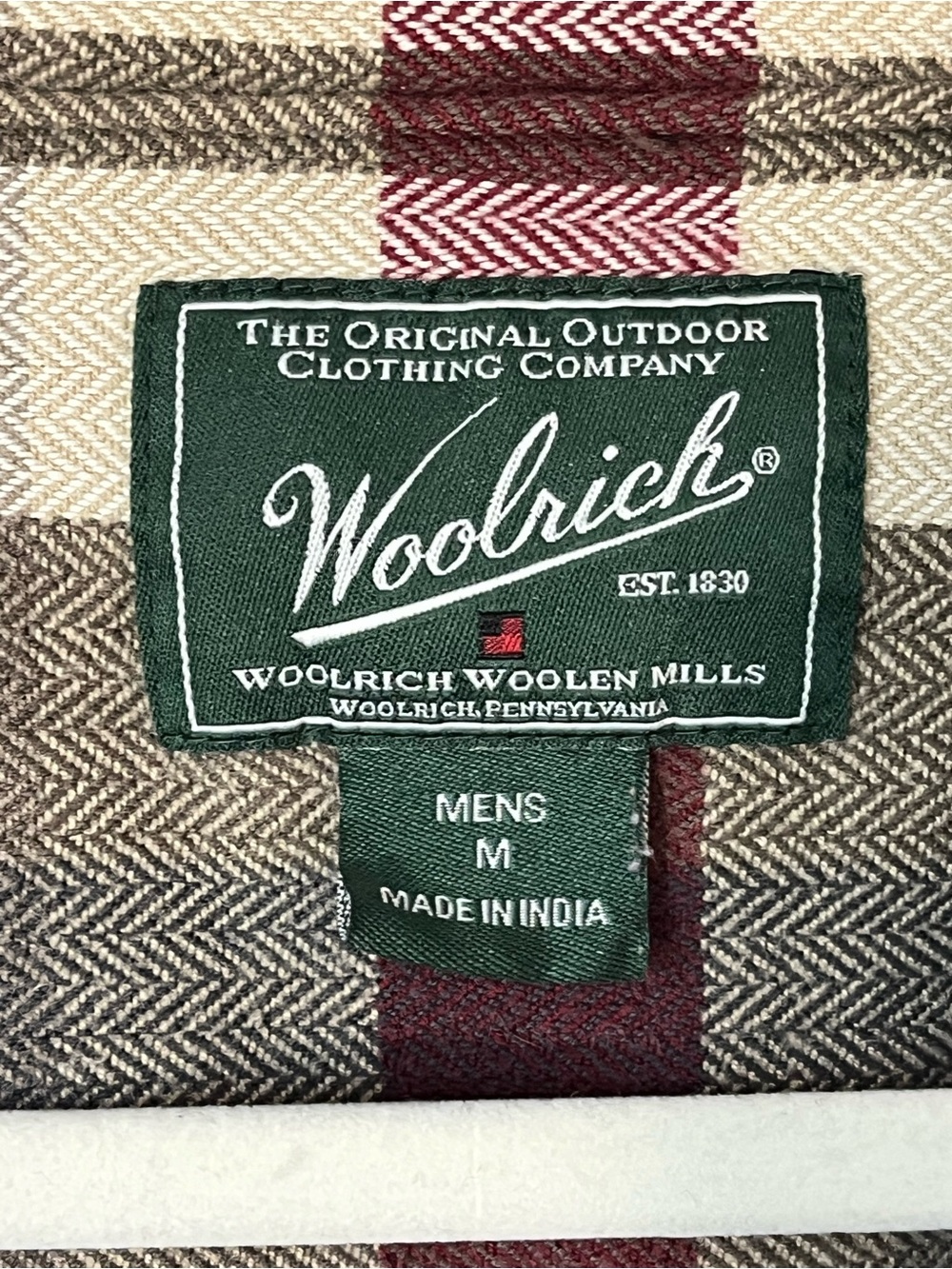 Woolrich Mens M Herringbone Plaid Flannel Shirt Burgundy Gray Heritage Outdoor - Picture 10 of 11